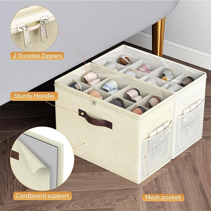 Budding Joy 2 Pack Shoe Organizer for Closet, Clear Foldable Shoe Storage Containers Adjustable Dividers Fits 16 Pairs