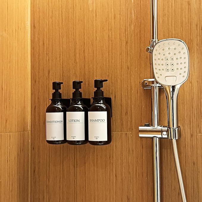 Shampoo Dispenser for Shower Wall, Shampoo and Conditioner Dispenser with 16 Waterproof Labels, No Drill Shower Soap Dispenser Bathroom, Shower Soap Dispenser Wall Mounted,17oz, 3 Pack, Amber
