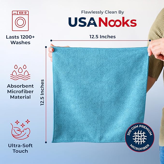 USANOOKS Microfiber Cleaning Cloth - Turq - 12Pcs (12.5x12.5 inch) High Performance - 1200 Washes