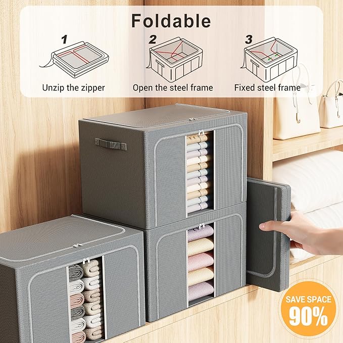 Clothes Storage Bins with Metal Frame, 100L, 3 Pack, Deep Grey