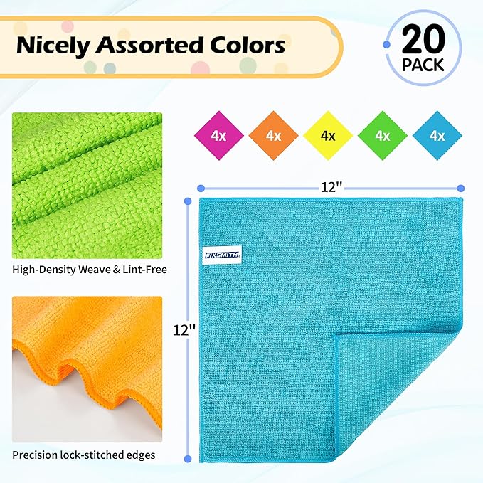 FIXSMITH Microfiber Cleaning Cloth, 20 Pack Cleaning Rags, Cleaning Towels for Housekeeping, Kitchen, Car, Lint-Free, Reusable Shop Towels with 5 Colors (Green/Blue/Yellow/Orange/Pink), 12"X12"