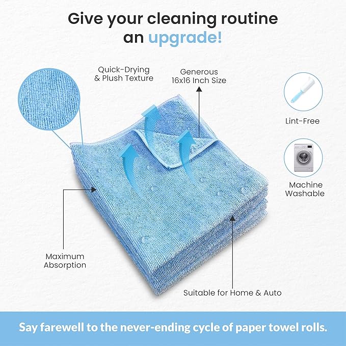 A&A Wiping Cloth- Microfiber Cleaning Towel, Super Absorbent Blue Microfiber Towels, Perfect for House, Cars, Windows, Gym and Office, Blue Microfiber 16x16 Towels, Pack of 180 Pieces