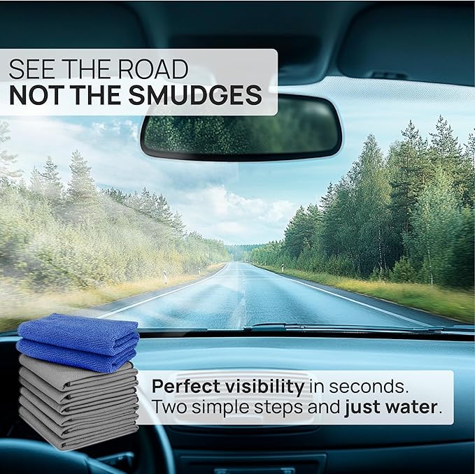 Claro Glass Towels Car Detailing 8-Pack – Streak Free Windshield Cleaner Cloth | Auto Glass Cleaner for Car Windows, Mirrors & Screens | Microfiber Car Cleaning Cloth for Detailing & Interior Use