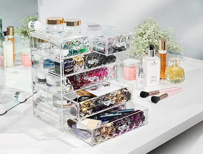 Sorbus Acrylic Makeup Organizer Set, 6-Drawer Vanity & Countertop Cosmetic Storage with Small & Wide Drawers, Diamond Makeup Storage for Brushes