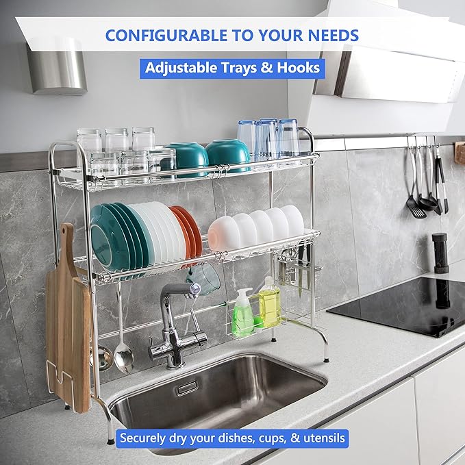2 Tier Over The Sink Dish Drying Rack, Large Kitchen Counter Utensil Drainer w/ Non-Slip Rubber Feet, Stainless Steel Kitchen Countertop Shelf Organizer Stores Utensils, Cutting Board, Plates, Pots