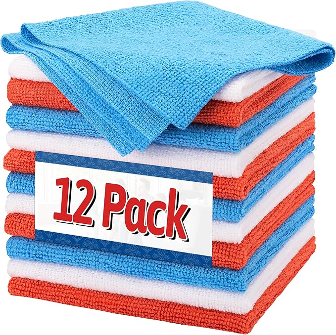 FIXSMITH Microfiber Cleaning Cloth, Pack of 12, Shop Towels Bulk, Microfiber Towels for Cars, Lint Free, Scratch-Free Cleaning Cloths, Cleaning Rags for Housekeeping, 11.5 x 11.5 inch