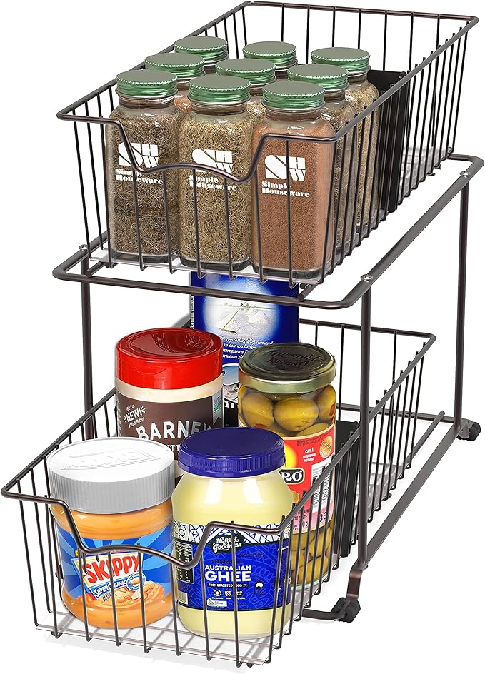 SimpleHouseware 2 Tier Cabinet Wire Basket Drawer Organizer, Brown