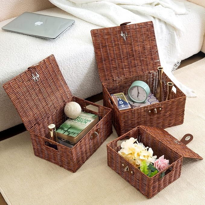 Set of 3 Woven Wicker Storage Basket Box with Lids & Lock, Natural