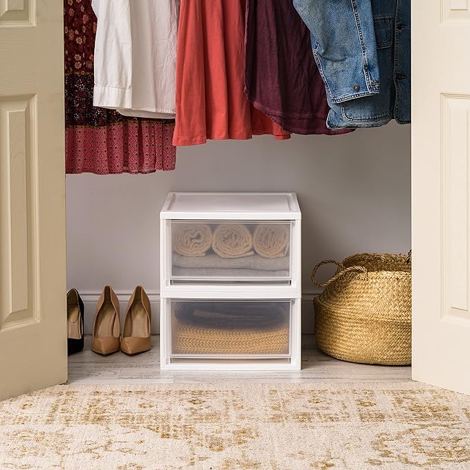 IRIS USA 30 Qt. Plastic Drawer Storage Organizer Stacking Drawers, 2-Pack, Stackable Unit with Sliding Drawer for Clothes Bedroom Kitchen Under Sink Pantry Craft Room Bathroom Dorm Office, White