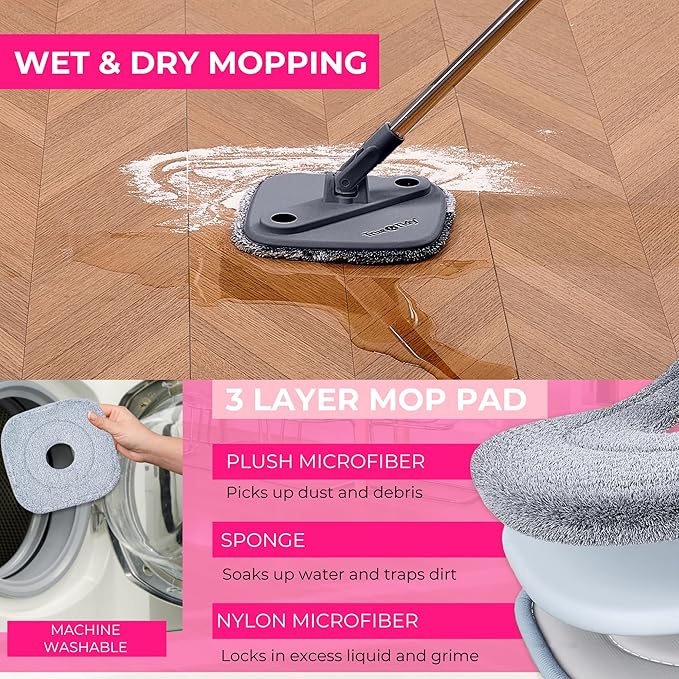 True & Tidy True Clean Spin Mop & Bucket System – Dual Compartment Design for Clean & Dirty Water, 360° Swivel Mop Head, Built-in Scrubbing Brush, Stainless Steel Handle & 2 Reusable Microfiber Pads