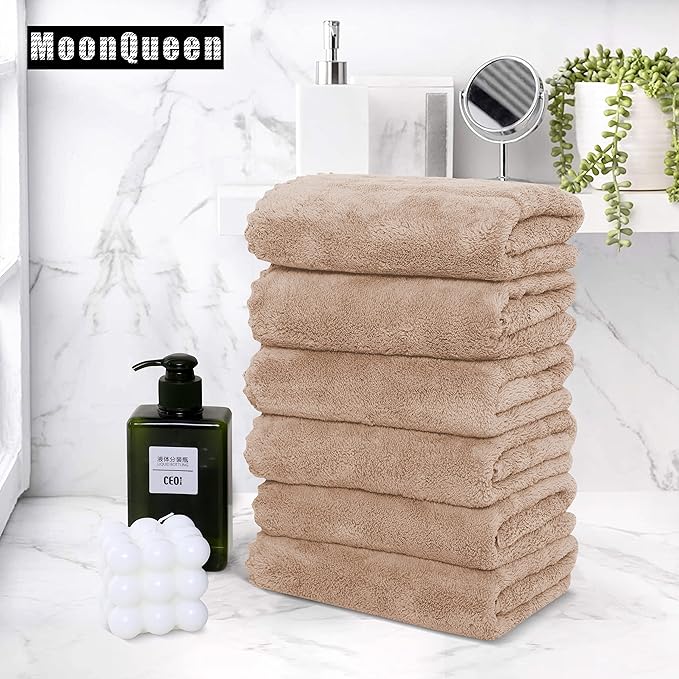 MOONQUEEN 6 Pack Premium Hand Towels - Quick Drying - Microfiber Coral Velvet Highly Absorbent Towels - Multipurpose Use as Hotel, Bathroom, Shower, Spa, Hand Towel 16 x 28 inches (Brown)