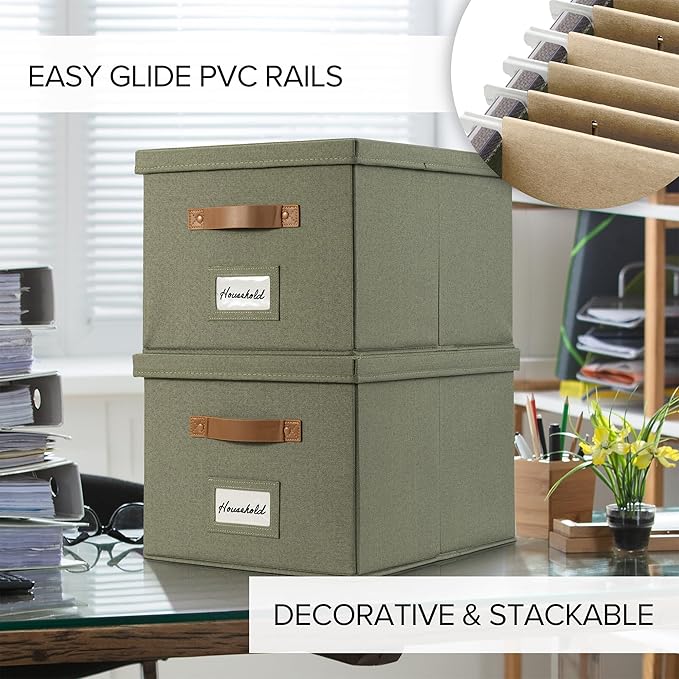 ZICOTO Decorative File Organizer Box Set of 2 - Collapsible Linen Filing Cabinets w/Handles Are Perfect to Store all Your Documents & Hanging File