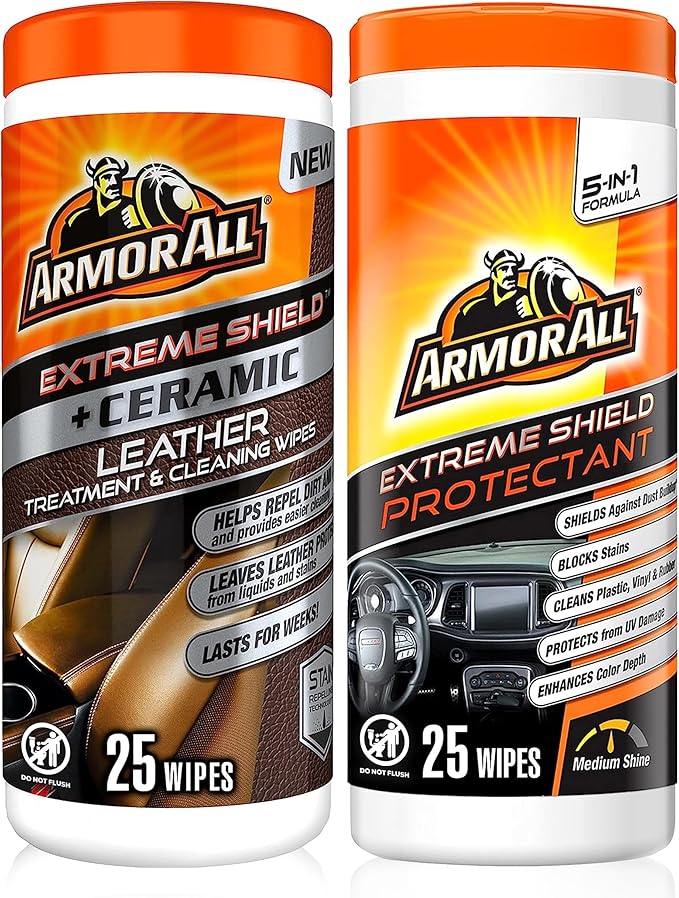 Armor All Ceramic Car Leather Cleaning Wipes, Use on Heated Seats, Includes Ceramic Leather and Extreme Protectant Wipes - 2 Count