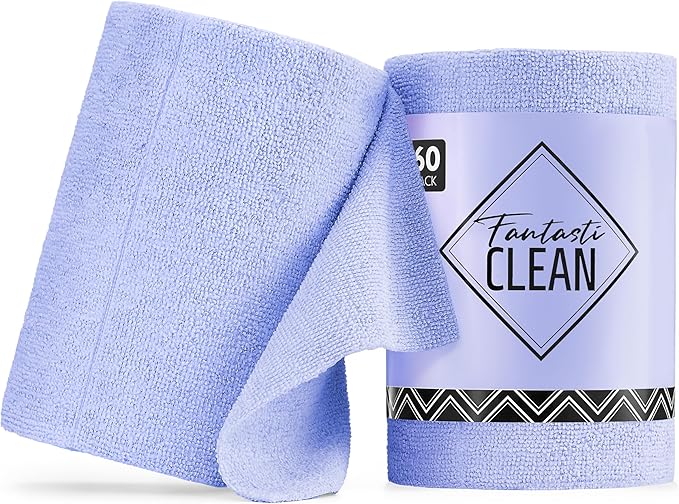 Fantasticlean Microfiber Cleaning Cloth Roll -60 Pack, Tear Away Paperless Towels, 8" x 8", Reusable Washable Rags, for House Kitchen, Pet, Office, Indoor Outdoor, Compact and Portable (Light-Purple)