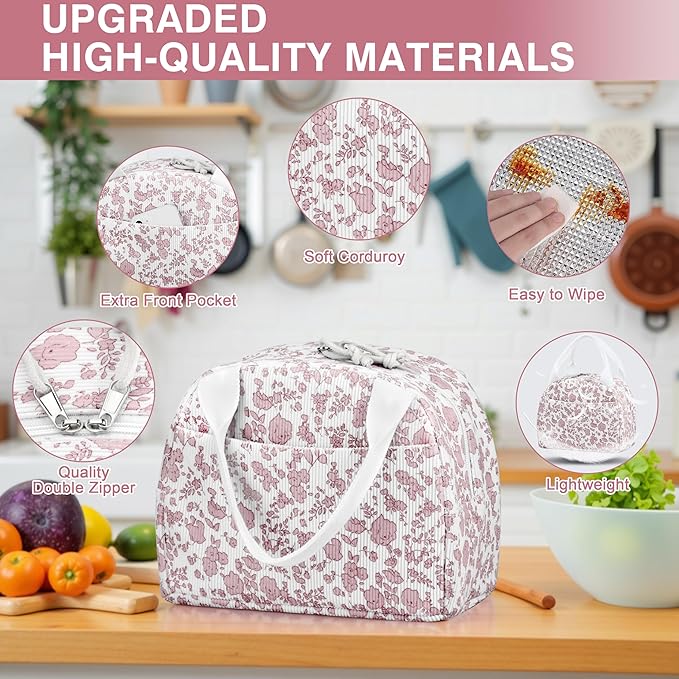 TESAFNG Lunch Bag - Insulated Lunch Box for Women, Reusable Large Capacity Cooler Bag for Adult, Small Leakproof Cute Corduroy Lunch Tote for Work Office Travel Picnic (Corduroy Pink-Flower)