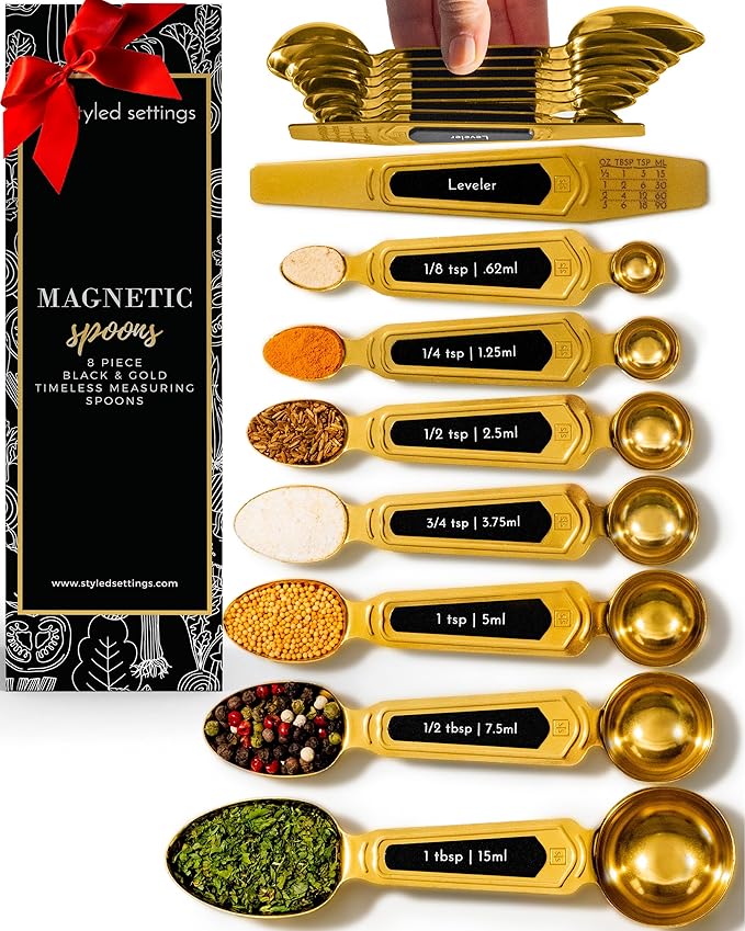 Gold Magnetic Measuring Spoons with Leveler - Featuring 8-Piece Upgraded Style, Dual-Sided, Stackable, Stainless Steel Gold Measuring Spoons Set - Fits in Spice Jars, Luxury Kitchen Accessories