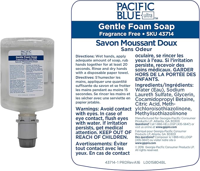 Georgia-Pacific (5305714) Pacific Blue Ultra Manual Push Soap Dispenser with Gentle Foam Hand Soap Refill Starter Kit