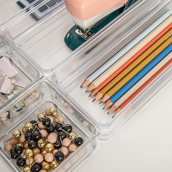 Martha Stewart Miles Plastic Stackable Office Desk Drawer Organizers, Set of 6