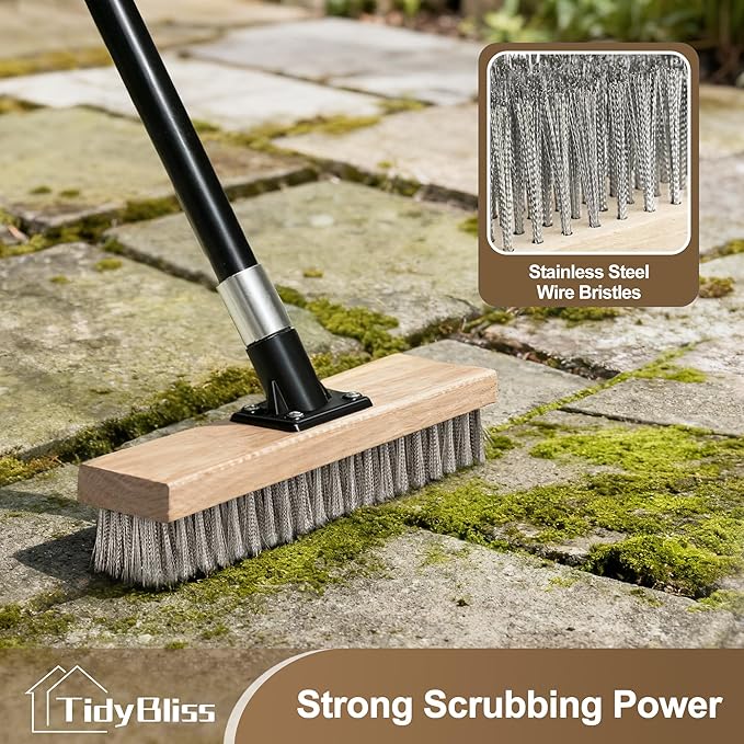 Stainless Steel Wire Scrub Brush with Long Handle, Heavy Duty Stiff Metal Broom Scrubber, Outdoor Moss Removal for Concrete Floor, Deck, Garden, Patio, Roof, Brick, Garage, Swimming Pool