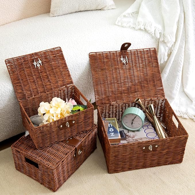 Set of 3 Woven Wicker Storage Basket Box with Lids & Lock, Natural