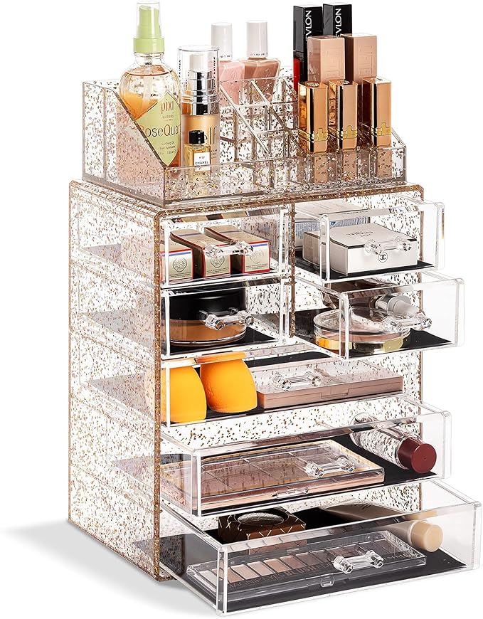 Sorbus Acrylic Makeup Organizer Set, 7-Drawer Vanity & Countertop Cosmetic Storage with Small & Wide Compartments, Glitter Makeup Storage for Brushes