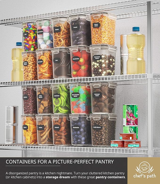 Chef's Path Airtight Plastic Food Containers with Lids - 20 Pack (1.6 Liter Each) - Durable Kitchen and Pantry Storage for Cereal, Rice, Pasta, Sugar