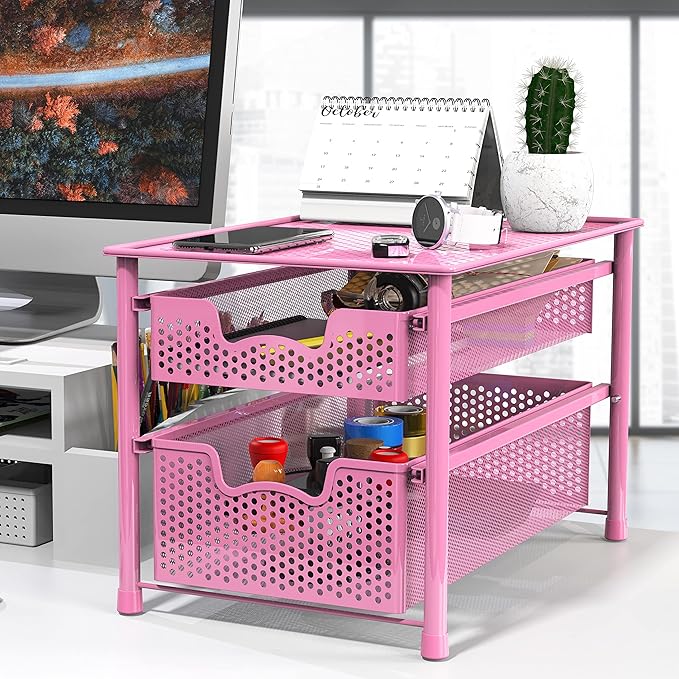 Simple Houseware Stackable 2 Tier Sliding Basket Organizer Drawer, Pink