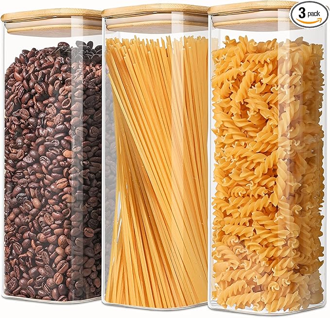 VIEWELLD 2.2 Qt Square Glass Storage Containers with Lids, Clear Food Storage Container Jar with Sealing Bamboo Lid Storage Containers for Pasta, Oats