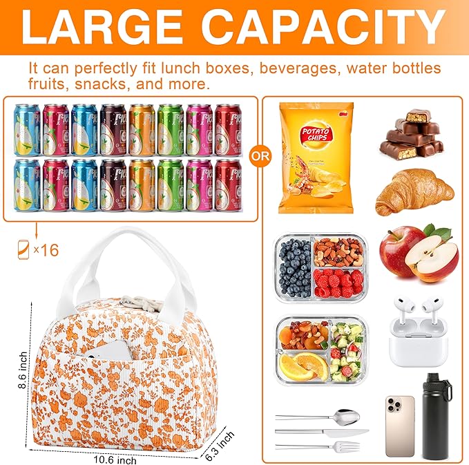 TESAFNG Lunch Bag - Insulated Lunch Box for Women, Reusable Large Capacity Cooler Bag for Adult, Small Leakproof Cute Corduroy Lunch Tote for Work Office Travel Picnic (Corduroy Orange-Flower)