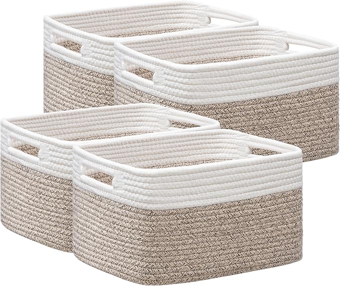4 Pack Storage Baskets for Shelves, Baskets for Organizing, White&Light Brown