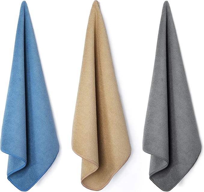 POLYTE Microfiber Cleaning Towel (16x16, 12 Pack Professional, Blue,Camel,Gray)