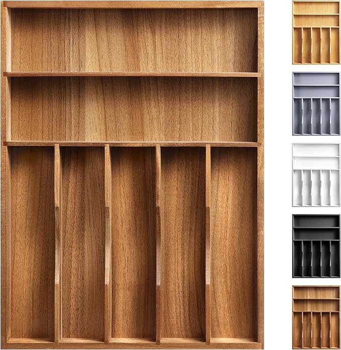 Kitchen Acacia Silverware Organizer, Extra Deep Grooved Drawer Divider