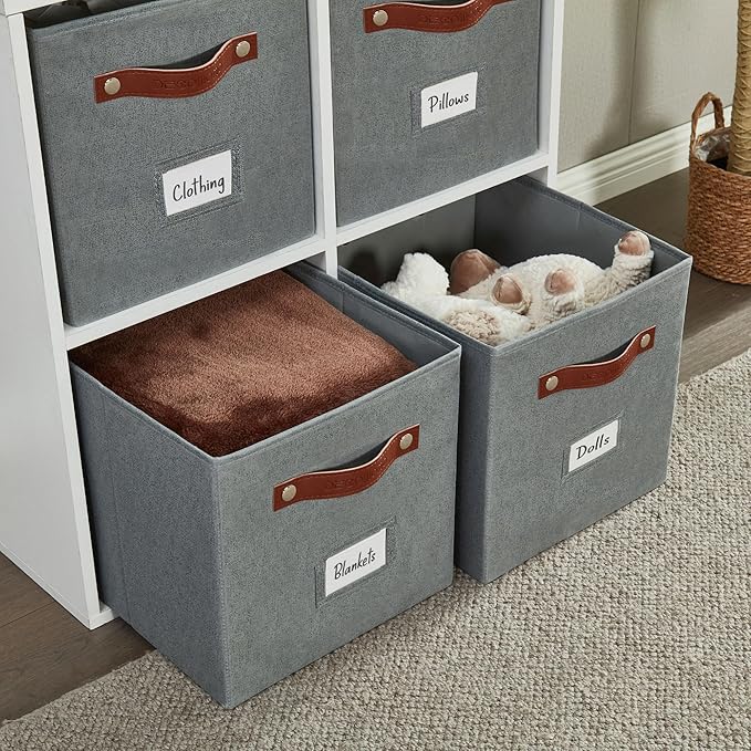 Storage Bins, Cube Storage Bin with Labels, 11" / 6pcs, Texture Grey