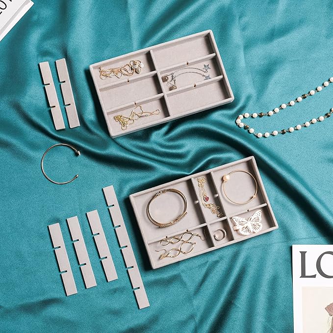 Frebeauty Jewelry Organizer Tray,Stackable Velvet Jewelry Trays,Drawer Inserts Earring Organizer For Women Jewelry Storage Display Case for Rings Stud Necklaces,Set of 6(Grey)