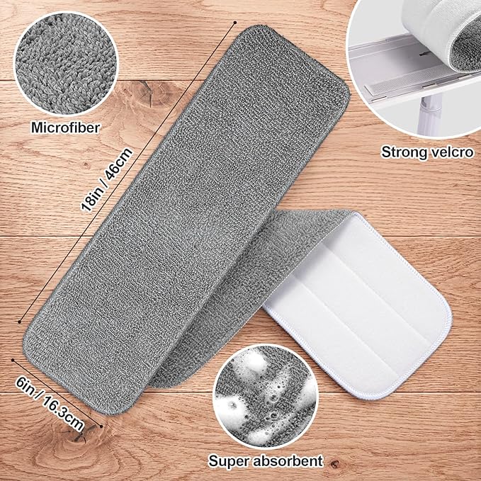 HOMEE Reusable Microfiber Mop Pads, 6 Pack 18"x 6" Mop Head Replacement, Wet/Dry Home & Commercial Cleaning Scrubbing Floor Pad - Grey