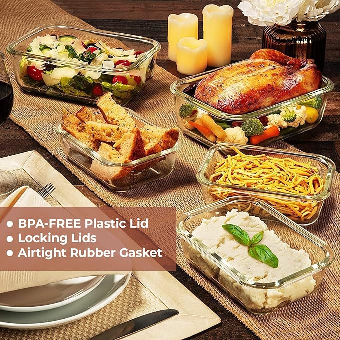 Razab 4 PC 1860ml / 63 Oz / 8 Cups Large Glass Food Storage Containers with Lids - Glass Meal Prep Containers for Roasting & Storing Leftover