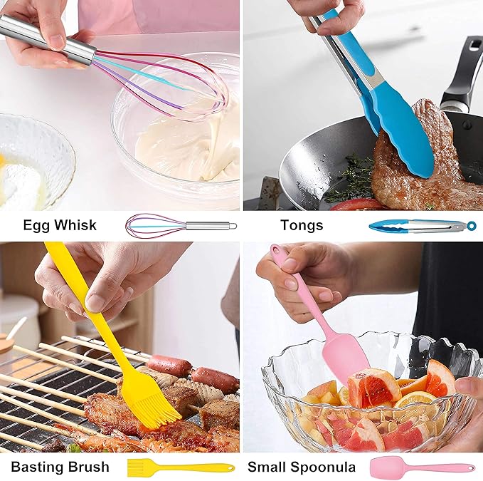 LIANYU 14 Pcs Cooking Utensils Set with Holder, Silicone Kitchen Cookware Utensils Set, Heat Resistant Cooking Gadget Tools Includes Spatula Spoon Turner Whisk Tong, Dishwasher Safe, Colorful