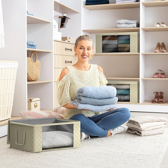 Sorbus Medium Clothes Storage Bags - Foldable Blanket Storage Bins for Organizing Bedroom, Closet, Clothing, Comforter, Organization with Clear Window, Lids and Carry Handles - Set of 6