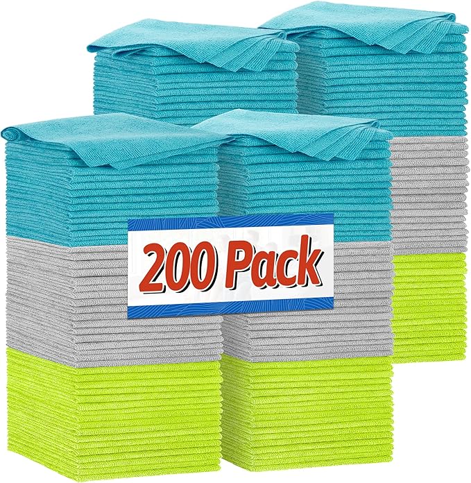 FIXSMITH Shop Towels, Microfiber Cleaning Cloth Bulk, 200 Pack Microfiber Towels for Cars, All-Purpose Absorbent Cleaning Rags, Dust Cloth for Automotive, Mechanic, Garage, Bar, 11.5 x 11.5 inch