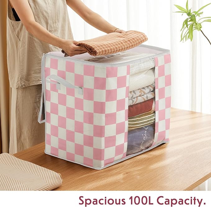 Pink Checkered Clothes Storage Bins, 100L Large Blanket Storage Bags 3 Pack
