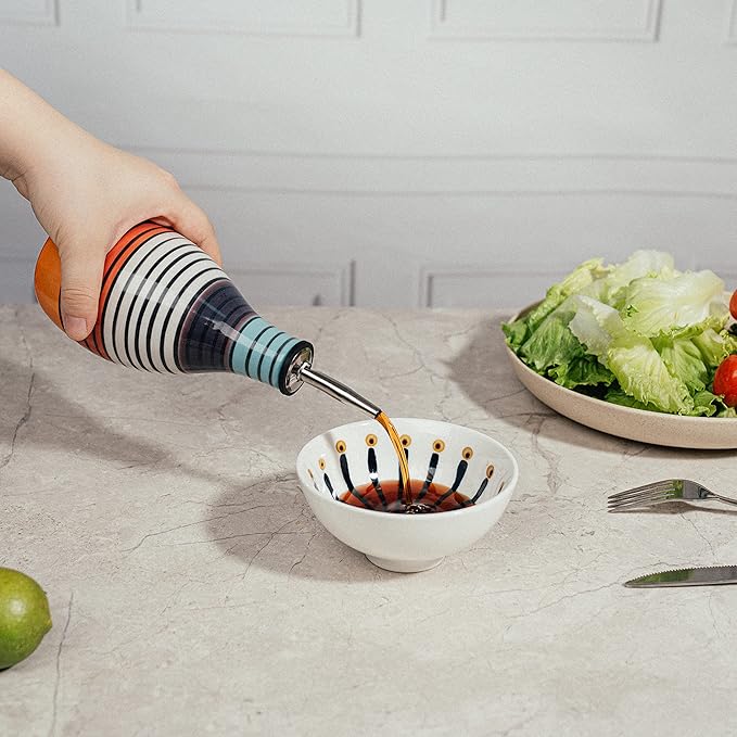 Ceramic Olive Oil Container, 400ml Capacity, Vinegar Dispenser With Pourer & Stopper, Stylish Kitchen Carafe Striped Design, 6" Height, 3" Width, Practical Seasoning Bottle, Elegant Tabletop Accessory