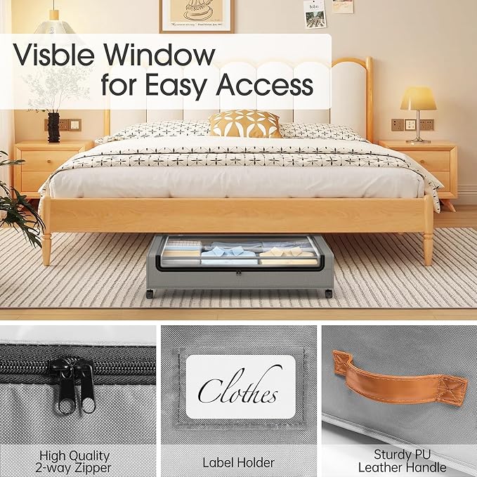 Yecaye 4 Pack Under Bed Storage with Wheels, Under Bed Storage Containers with Lids, Large Under Bed Rolling Storage with Clear Window & Label, Rolling Drawers for Clothes, Blankets, Books
