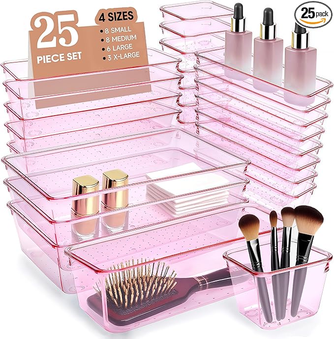 Pink Acrylic Drawer Organizers - 25 Pcs (Desk/Vanity/Bathroom)