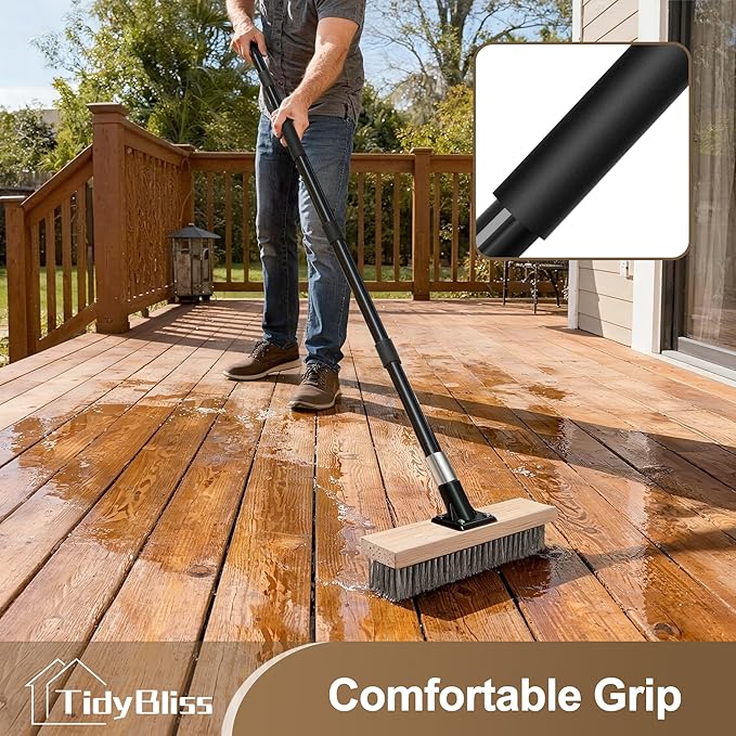 Stainless Steel Wire Scrub Brush with Long Handle, Heavy Duty Stiff Metal Broom Scrubber, Outdoor Moss Removal for Concrete Floor, Deck, Garden, Patio, Roof, Brick, Garage, Swimming Pool