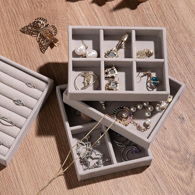 Frebeauty Small Jewelry Tray Set,Stackable Velvet Jewelry Organizer Tray,Mini Jewelry Drawer Organizer,Drawer Inserts,4.92 x 3.74 x 0.9 Inches