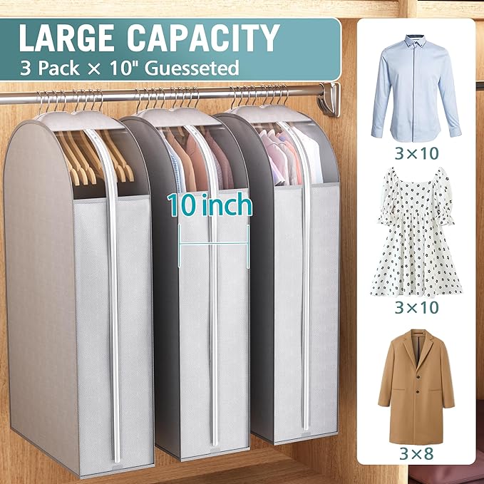 Liuoud 10" Gusseted Garment Bags for Hanging Clothes with Clear Window 50" Suit Bags for Open Closet Storage, Clothing Cover for Coat, Dress, Jacket, Shirt, Fur Wardrobe Protector, 3 Packs