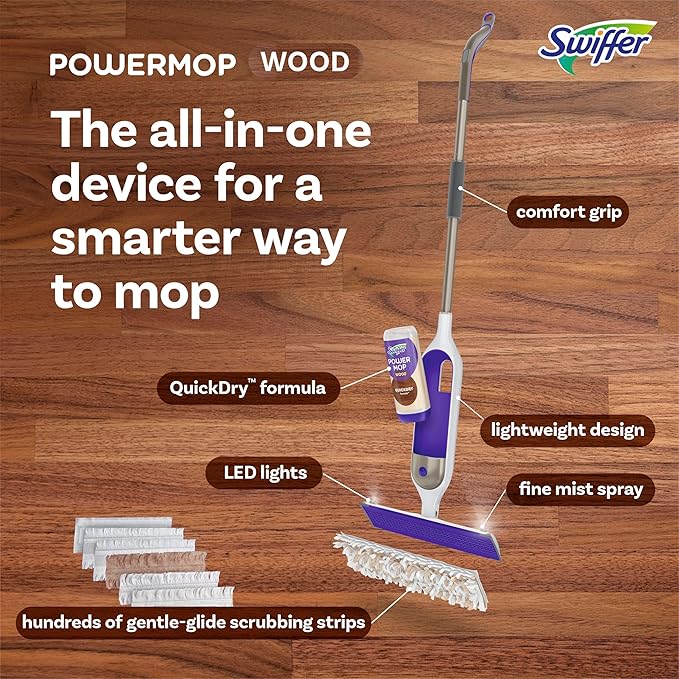 Swiffer Power Mop Wood, Hardwood Floor Cleaner for Mopping Home, Bathroom, Kitchen, All Purpose Multi-Surface Cleaning Set includes PowerMop Wood, 2 Pads, 1 QuickDry Lemon Solution, & 2 Batteries