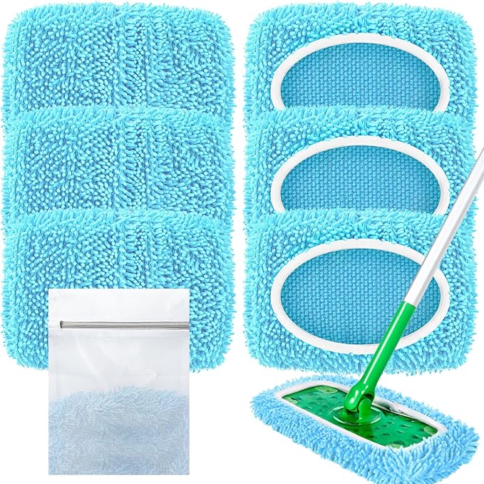 Reusable Mop Pads Compatible with Swiffer Sweeper Mop, Washable Wet Pads Refill & Chenille Dry Sweeping Cloths, Microfiber Mop Pads for Use on All Sealed Floors - Wood, Laminate, Stone & Tile (6 Blue)
