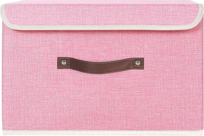 ANMINY Storage Bin with Lid Storage Boxes with PU Leather Handles PP Plastic Board Decorative Foldable Lidded Cotton Linen Fabric Home Cubes Baskets