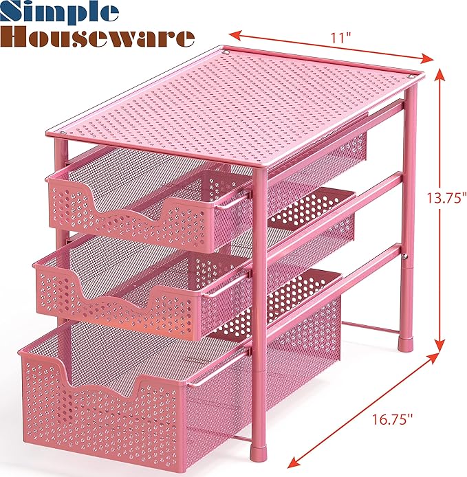 Simple Houseware Stackable 3 Tier Sliding Basket Organizer Drawer, Pink
